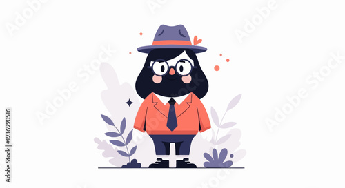 A whimsical, cartoon-style character in a suit and hat, surrounded by abstract foliage and lighthearted sparkles