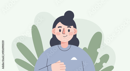A minimalist cartoon portrait of a cheerful young woman with dark hair