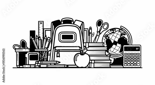 A collection of school supplies including a backpack, books, globe, and calculator