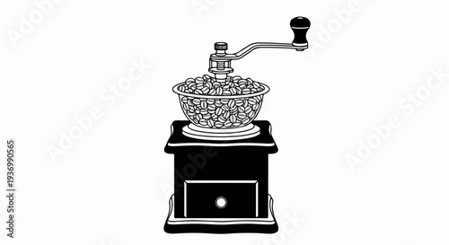 Vintage manual coffee grinder filled with beans on a white background
