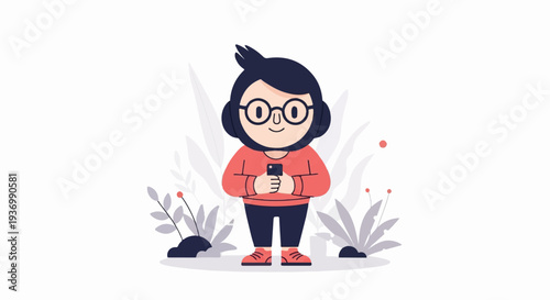 A cheerful person with headphones holds a phone, surrounded by abstract foliage