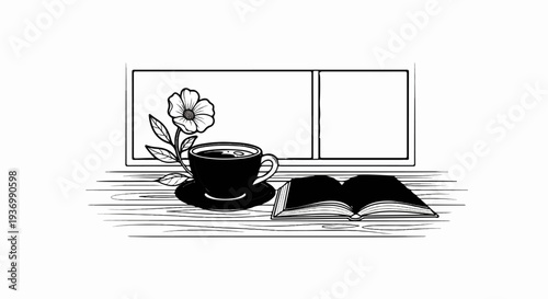 A cup of coffee rests beside an open book and a flower, near a window