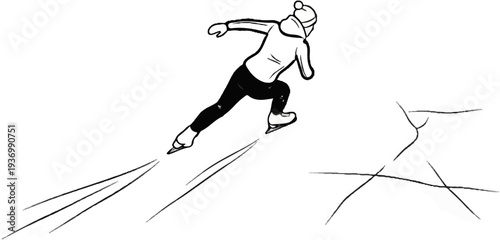 A sketch shows a person speed skating on ice with motion lines