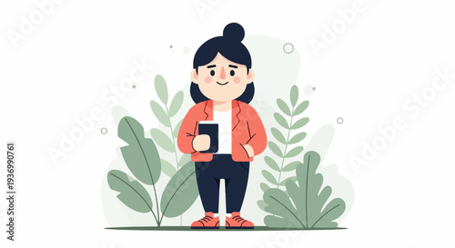 Stylized woman in red jacket and dark pants holding phone, amidst green foliage