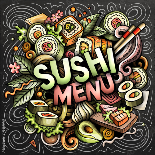 Sushi Menu vector chalkborad illustration with rolls, nigiri, sashimi, seafood, rice, chopsticks and Japanese cuisine elements. Perfect for restaurant, culinary and food design projects