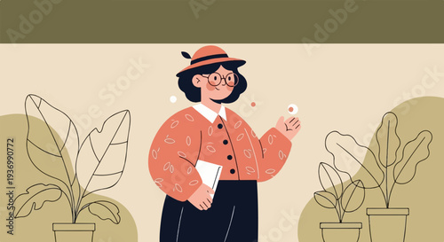 A stylized illustration of a smiling person in a hat and patterned shirt holding a book, surrounded by potted plants