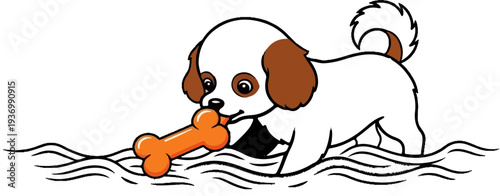 A happy cartoon puppy with brown ears chews an orange bone in wavy water