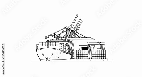 A line drawing of a cargo ship being loaded at a port with cranes