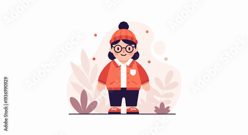 A cartoon girl wearing glasses and a hat stands in front of plants and abstract shapes