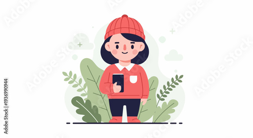 A stylized cartoon child in a coral beanie and sweater stands with a phone amidst lush greenery and whimsical clouds