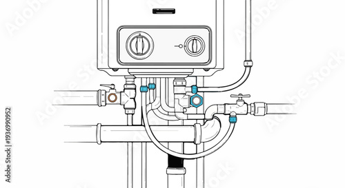 Technical illustration of water heater connections with pipes and valves