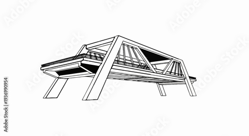 Stylized drawing of a modern concrete and steel truss bridge