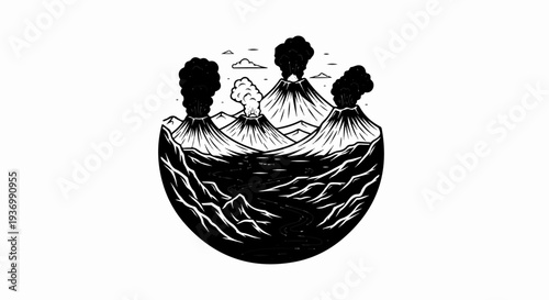 Stylized depiction of erupting volcanoes in a valley with a flowing river