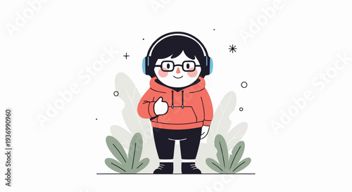 Cartoon figure wearing headphones and glasses, giving a thumbs up