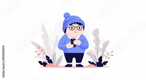 Cheerful person in winter attire looking at phone amidst stylized plants