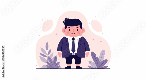 A charming cartoon businessman stands proudly amidst abstract shapes and purple foliage