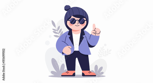 Cartoon character in a beanie, sunglasses, and jacket gives a thumbs up