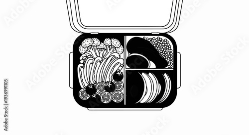 A black and white illustration of an open lunchbox filled with various foods