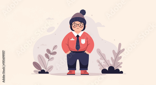 Cartoon character wearing a beanie, glasses, red shirt, tie, and dark pants