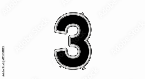A bold, black number three with a metallic sheen outline
