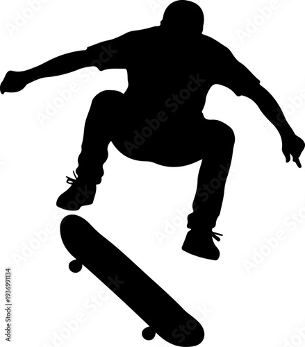 Black silhouette of skateboarder in mid-air vector