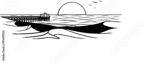 Stylized pier extending over waves toward a setting sun