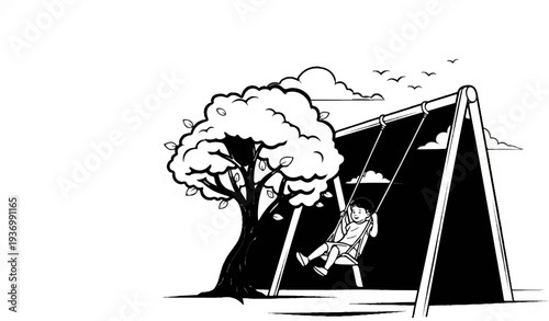 A cheerful child swings under a large tree with birds flying overhead