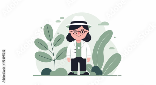 A cheerful, bespectacled scientist in a white lab coat and hat stands amidst lush green foliage