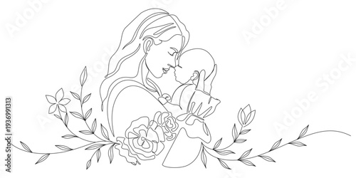 Mother and baby line art vector illustration, mothers day celebration background	