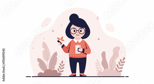 A stylized illustration of a young person with dark hair, glasses, and an orange sweater, holding a phone and a plant