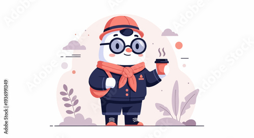 Cheerful snowman character in hat, scarf, and jacket holding coffee cup