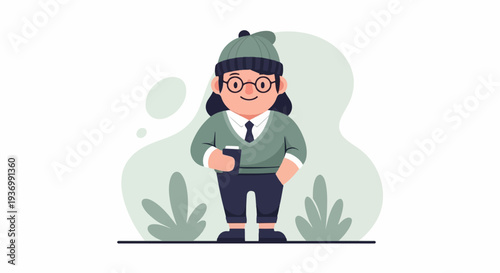 A stylized person wearing a beanie and glasses, holding a phone, stands amidst abstract plant shapes