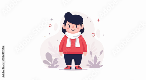 Cute animated character in a red sweater and blue pants, wearing a white scarf, standing amongst stylized plants