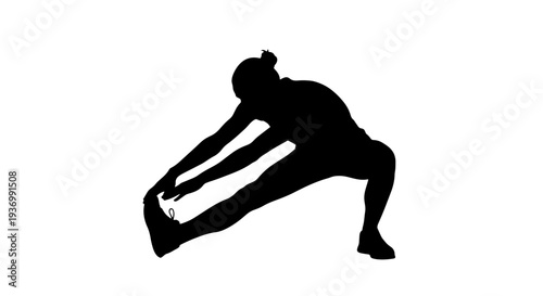 Silhouette of a person performing a deep leg stretch, bending forward to touch their foot, isolated on a white background.