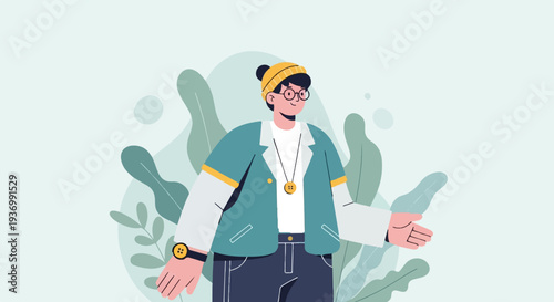 A person in a yellow beanie and teal jacket stands with arms outstretched amongst foliage