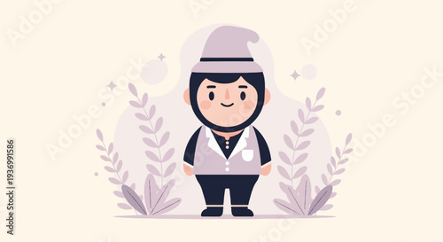 A cute, chubby cartoon figure wears a nightcap and vest, amidst soft foliage