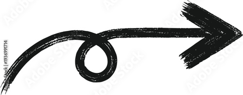 Black brush stroke arrow, hand drawn ink pointer, curved loop direction, grunge charcoal texture, vector design element, isolated