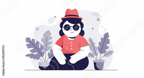 A person in a hat and sunglasses sits calmly amidst lush greenery