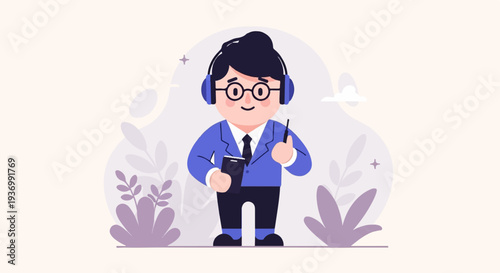 Cheerful cartoon professional with headphones, holding a tablet and stylus, stands amidst foliage