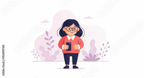 A cartoon girl wearing glasses and a sweater holds a smartphone, with plants and clouds in the background