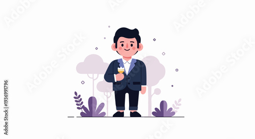 Cheerful man in a suit holding a drink, with stylized plants and clouds
