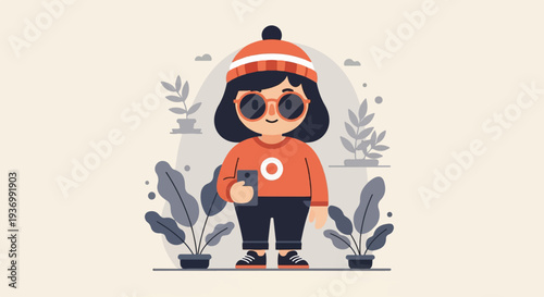 Cheerful cartoon character in winter attire holding a phone, surrounded by potted plants and abstract clouds