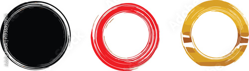 Black Zen circle, red ink brush stroke, gold Enso frame, Japanese style hand drawn circles, artistic paint rings,