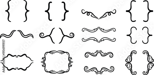 Decorative curly brackets, vintage calligraphic swirls frames, elegant divider elements, hand drawn ornamental flourishes, borders line art vector illustration