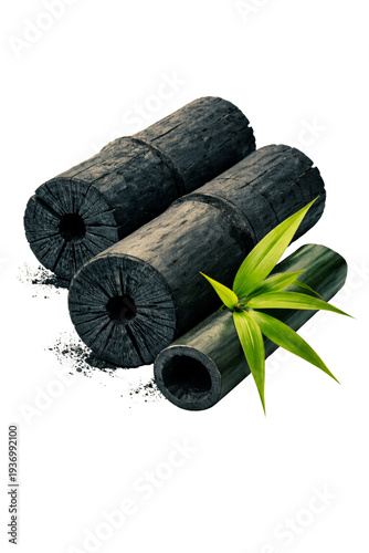 bamboo charcoal logs with green leaves, isolated on transparent background, perfect for graphic design and natural product presentations.
