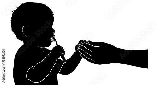 Silhouette of a baby holding a spoon while an adult's hand reaches out, depicting early childhood feeding or interaction.