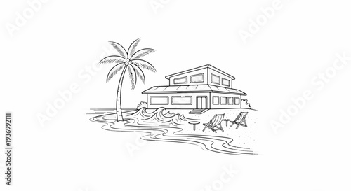Tropical beach house with palm tree, ocean waves, and lounge chairs