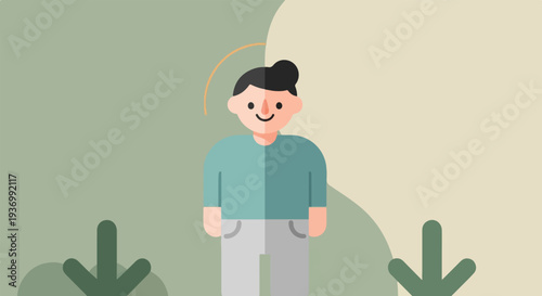 Stylized illustration of a person in casual attire against a softly textured background