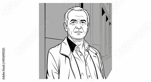 A grayscale illustration of a mature man with short hair, wearing a collared shirt and jacket
