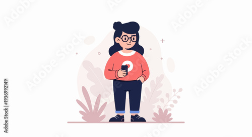 A stylized person wearing glasses and a red sweater holds a phone while standing amongst decorative plants